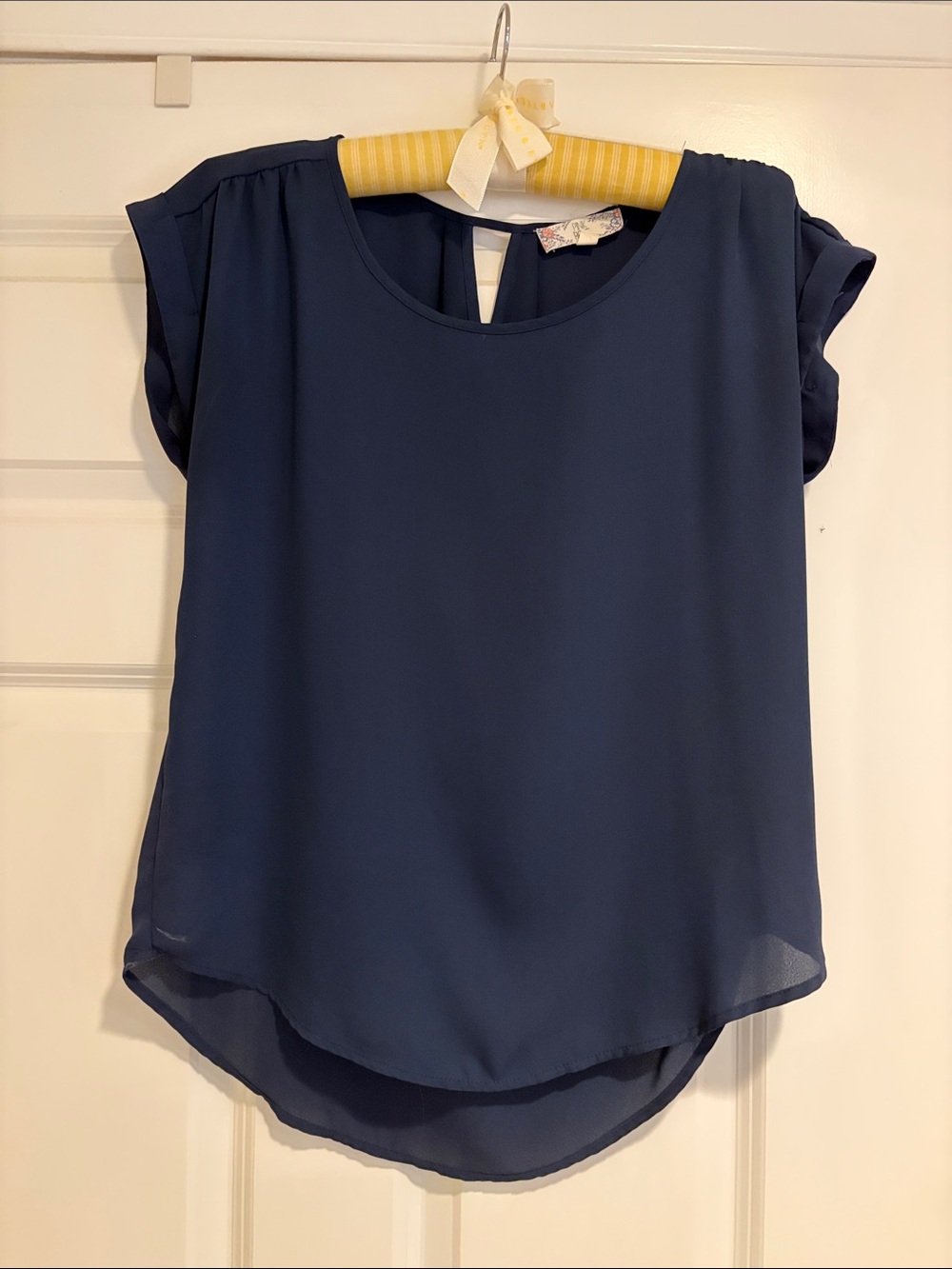 Pink Rose Navy Blue Cap-Sleeve Blouse